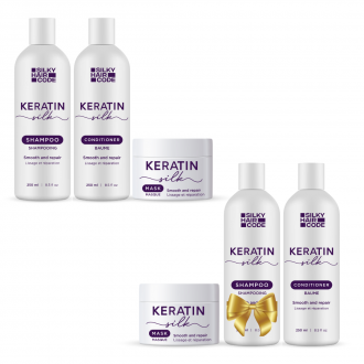 2 komplekti par vienas cenu! KERATIN SILK intensīvas iedarbības atjaunojošais komplekts bojātu matu struktūrai: šampūns, kondicionieris, maska+papildu komplekts